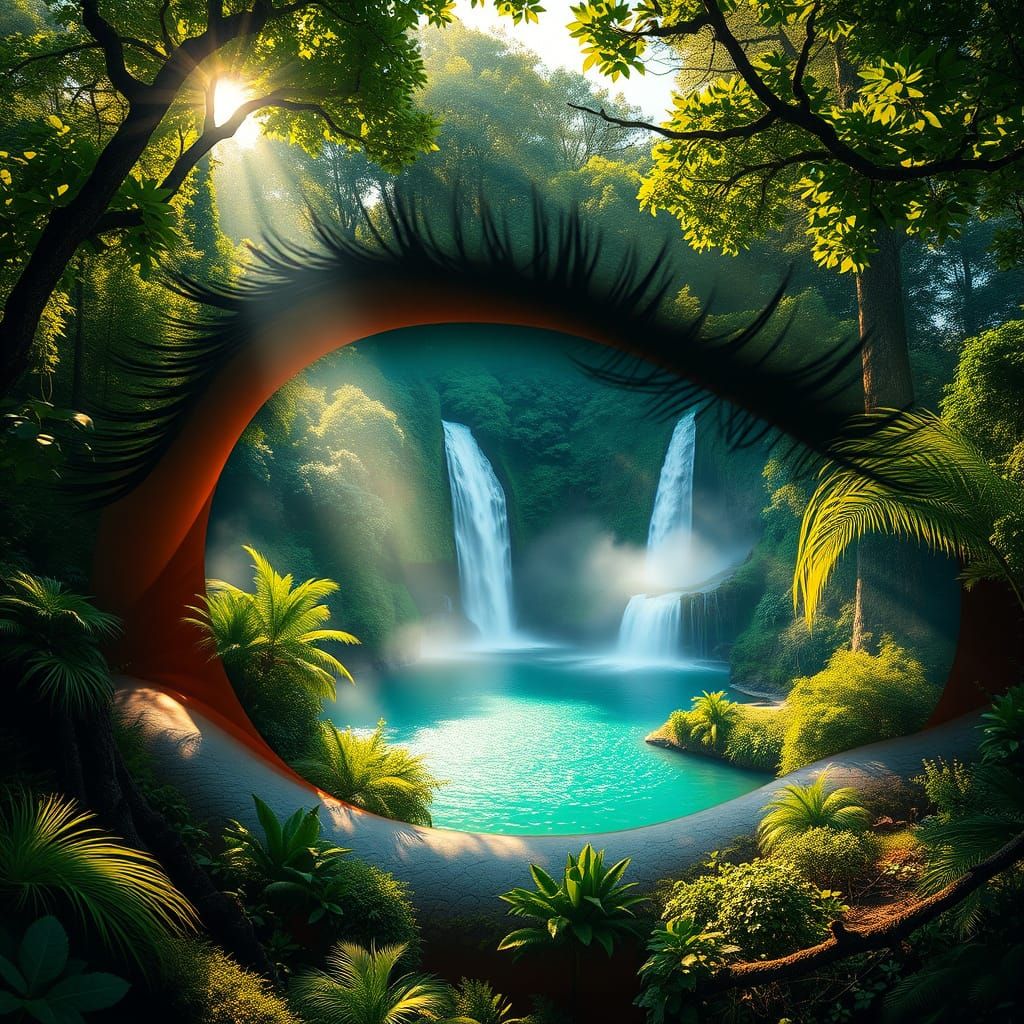Rainforest Waterfall Lake Within Eye, Hyperrealistic Surreal...