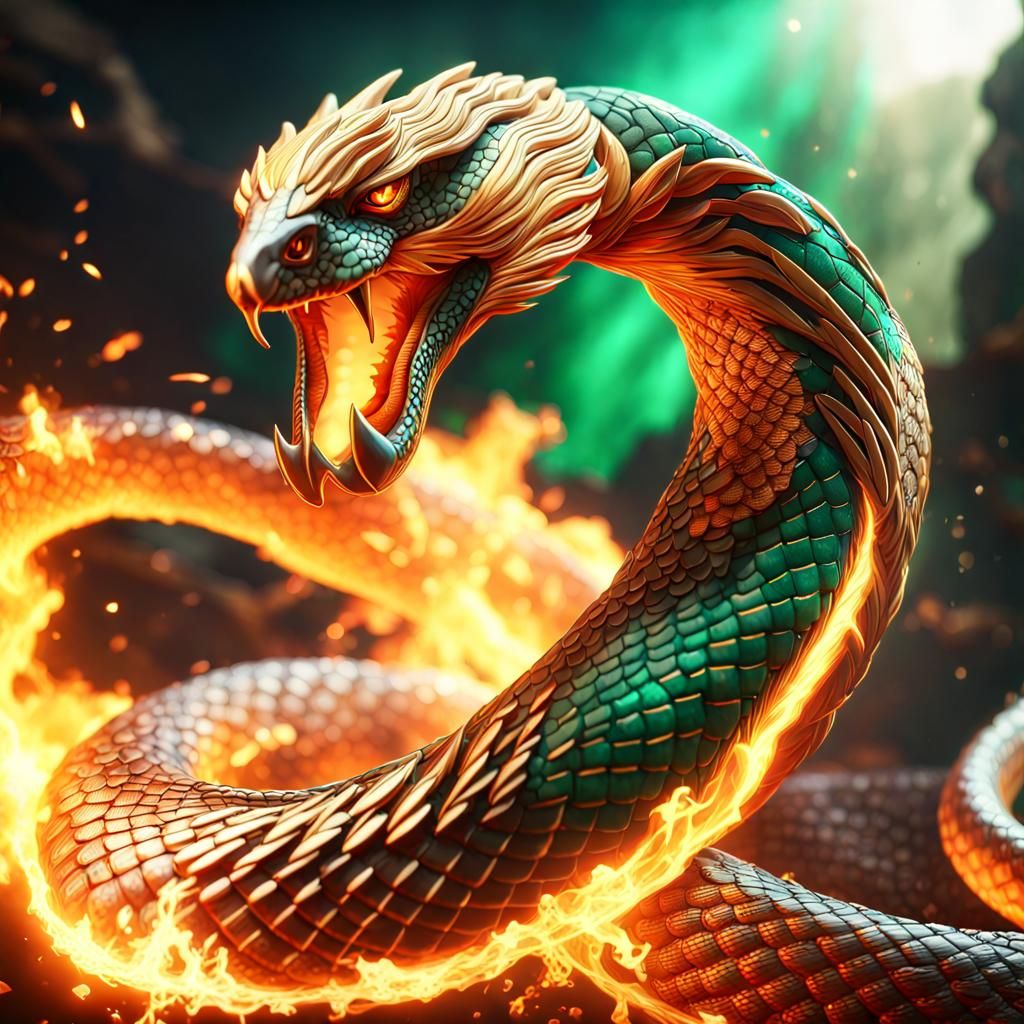 phoenix fighting snake, fire, emeralds, gold, diamonds Hyper realistic, splash art, concept art, mid shot, intricately d...