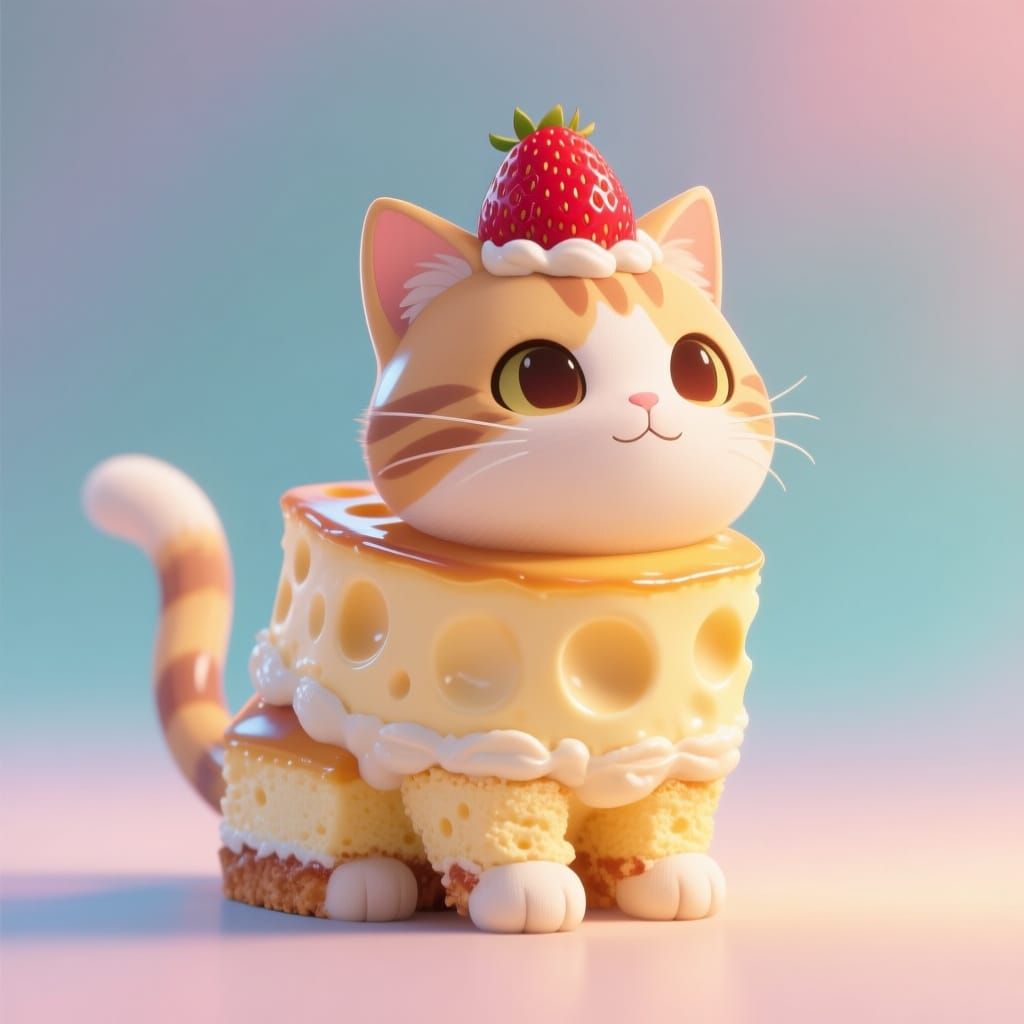 Cute Cheesecake Cat with Strawberry Topping in 3D Anime Styl...