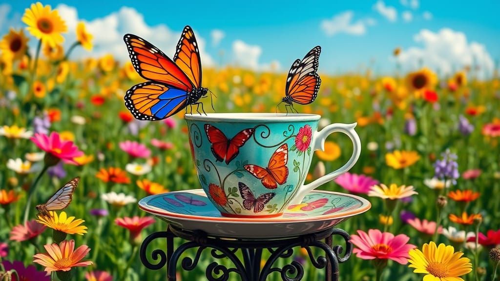 Butterflies on Coffee Cup in Field, Whimsical Digital Art