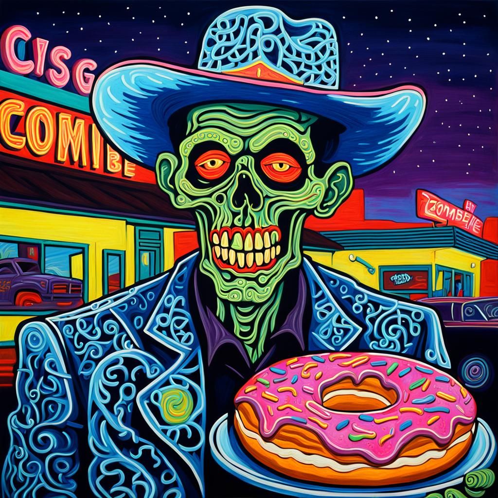 Neon Zombie Cowboy in 50s Donut Shop, Cubist Style