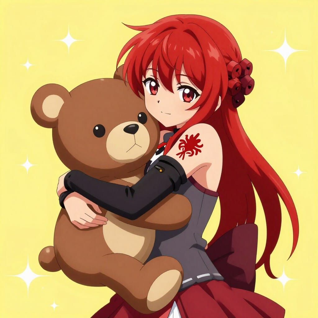 Anime Girl Kasane Teto Hugs Plush Bear in Yellow Sparks