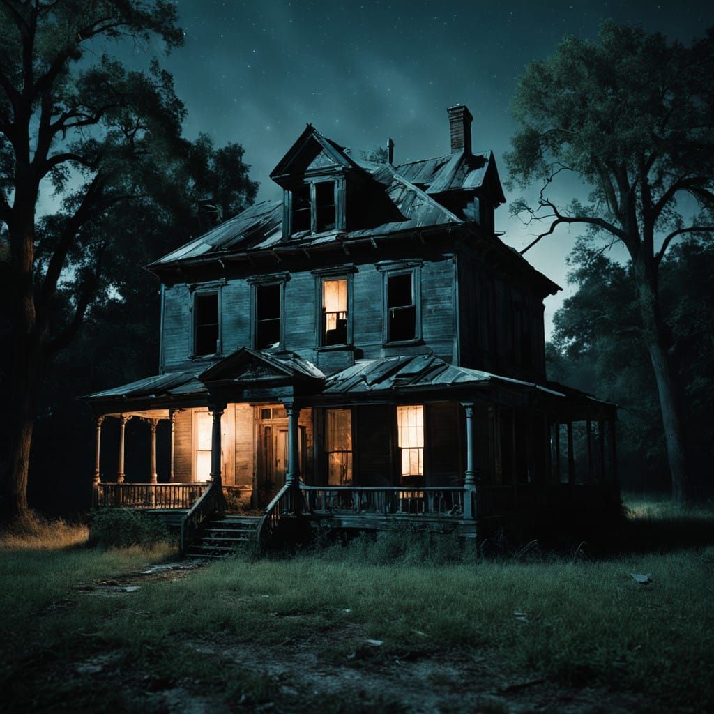 Mysterious Southern Gothic Mansion at Night in Film Noir Sty...