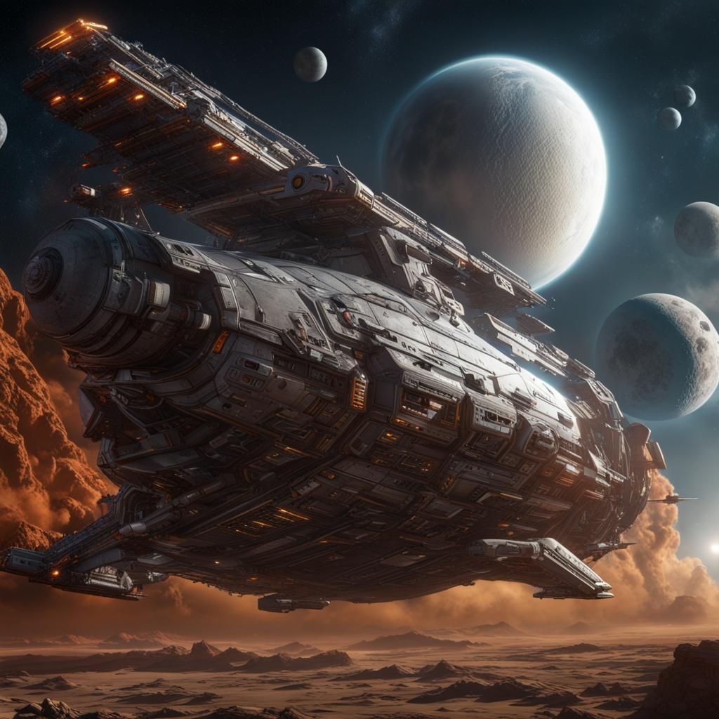 Spaceship Soaring Past Earth in Detailed Matte Painting