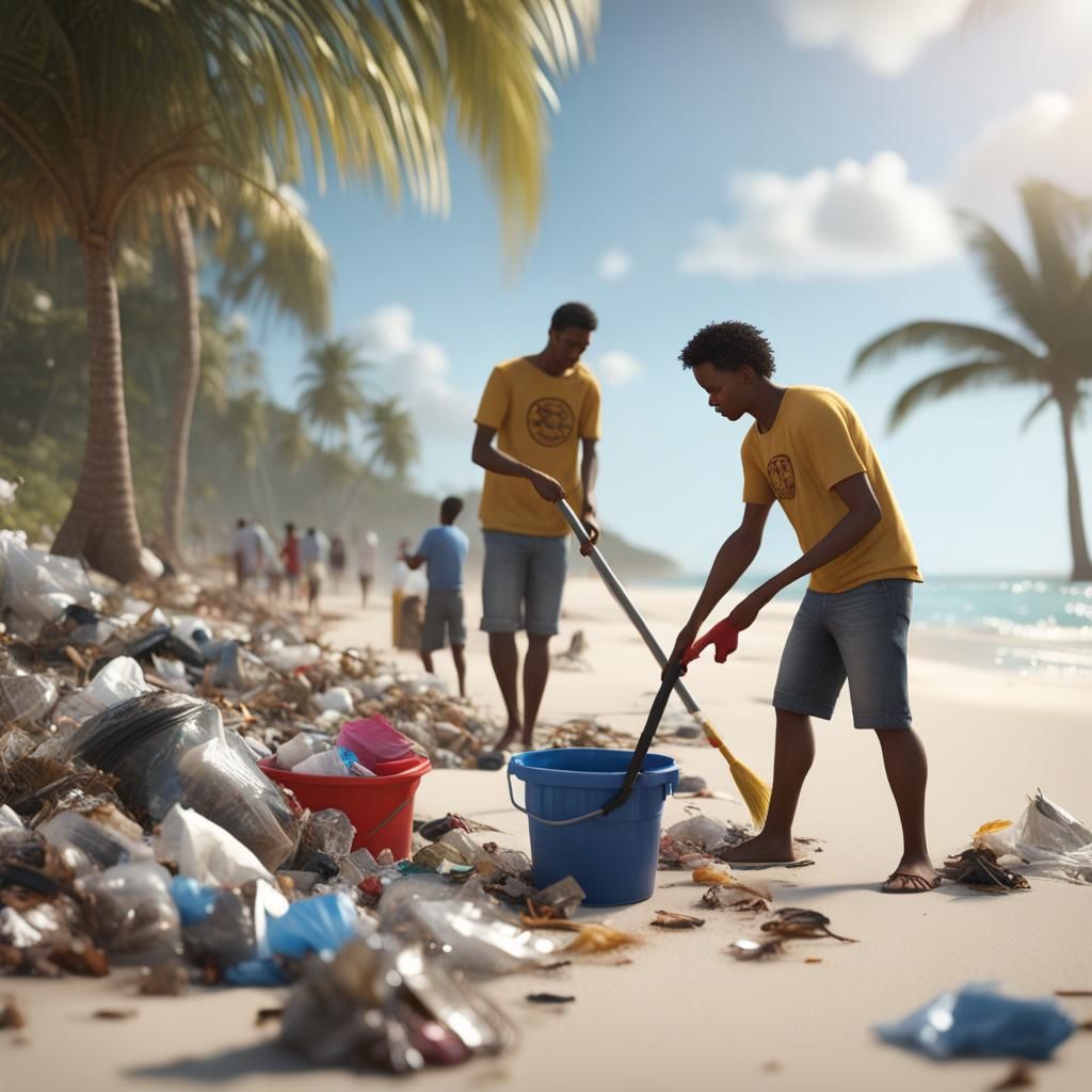 Photorealistic People Cleaning Tropical Beach in 8K