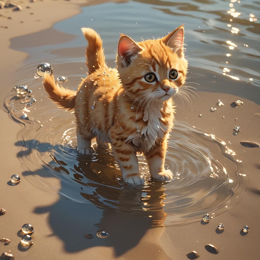 Golden Kitten's Whimsical Beach Day in Anime Style