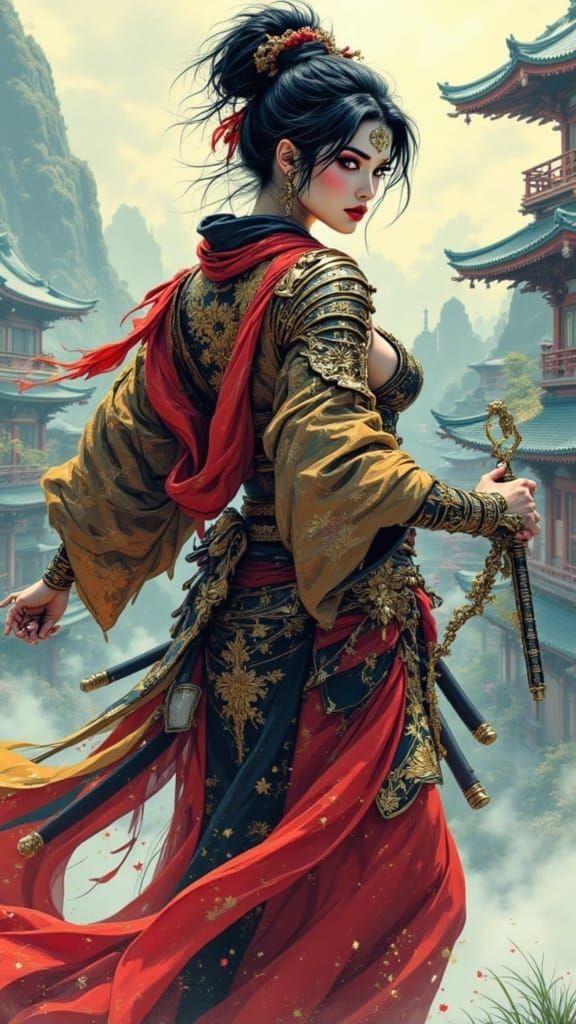 Martial Geisha in Traditional Japanese Armor