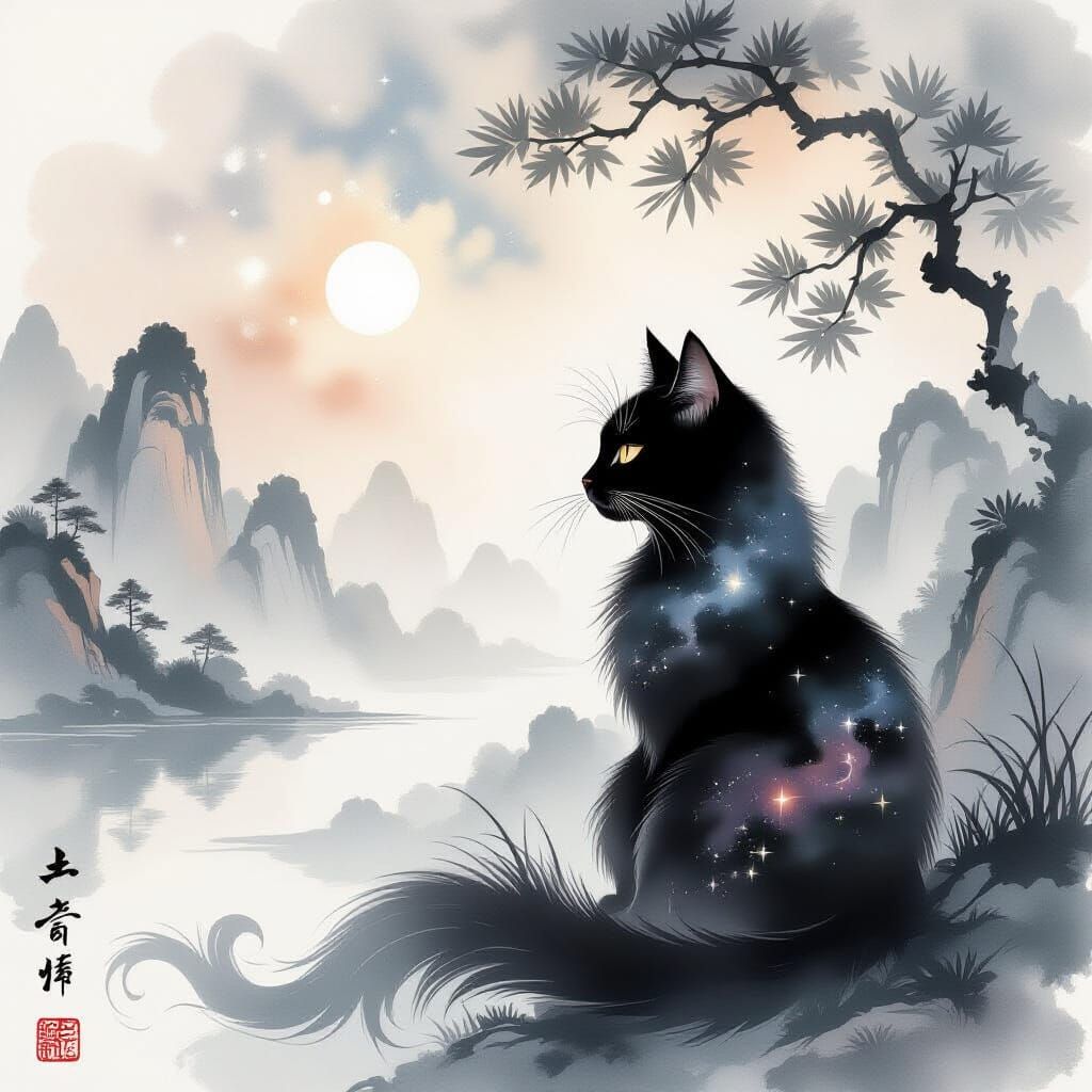 Celestial Ink Cat in Chinese Watercolor Landscape