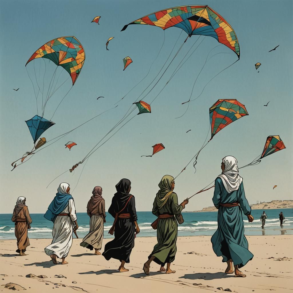 Kids Fly Kites on Gaza Beach, Manga Style