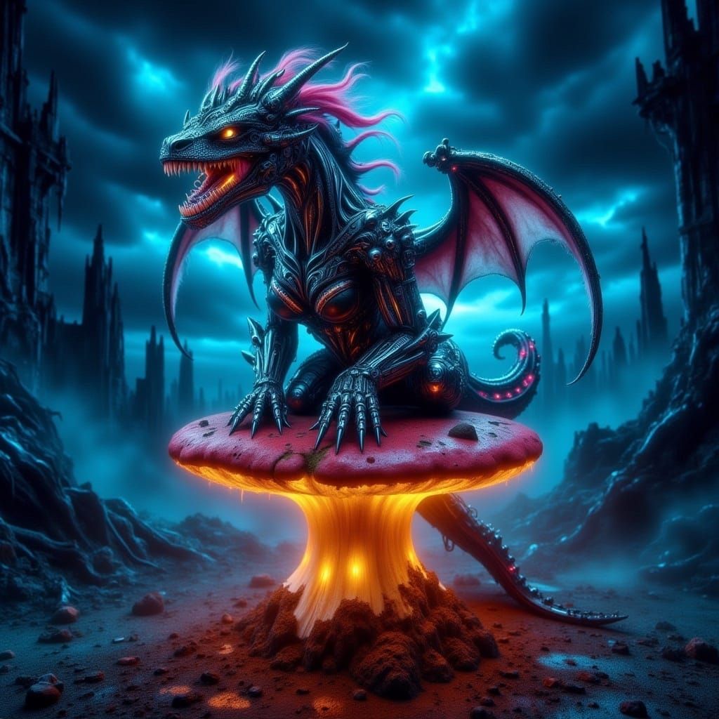 Chibi Dragon on Bioluminescent Mushroom in CyberGothica Styl...