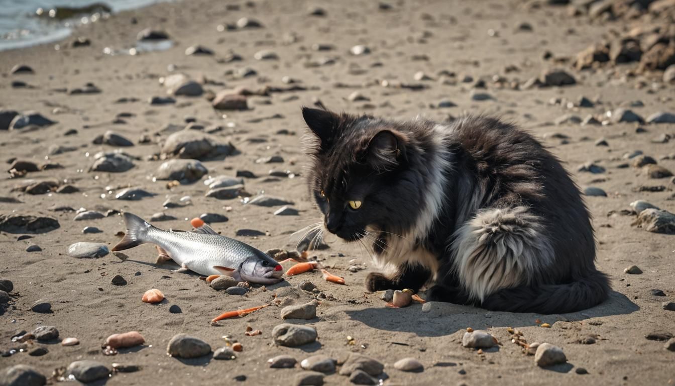Cat eating a fish at the shore