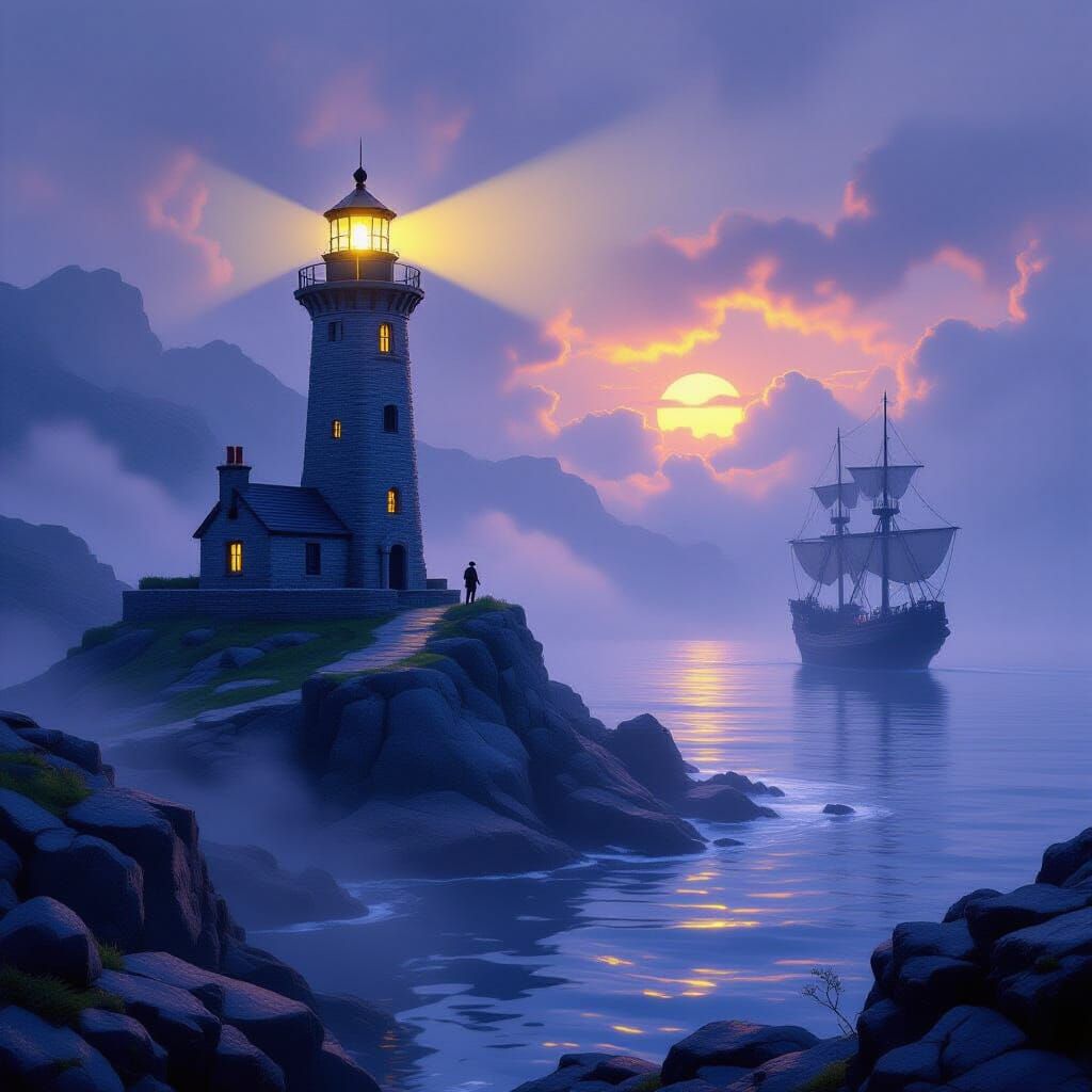 Lighthouse on Rocky Isle at Dawn, in Dark Fantasy Style