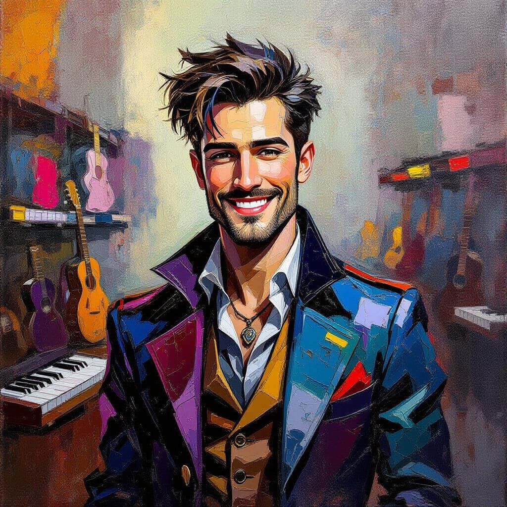 Gothic Man Smiles in Music Store Oil Painting