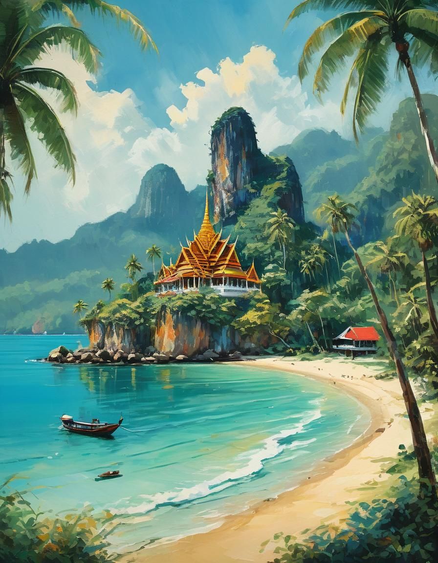 Thailand Beach Vintage Poster in Gouache Style
