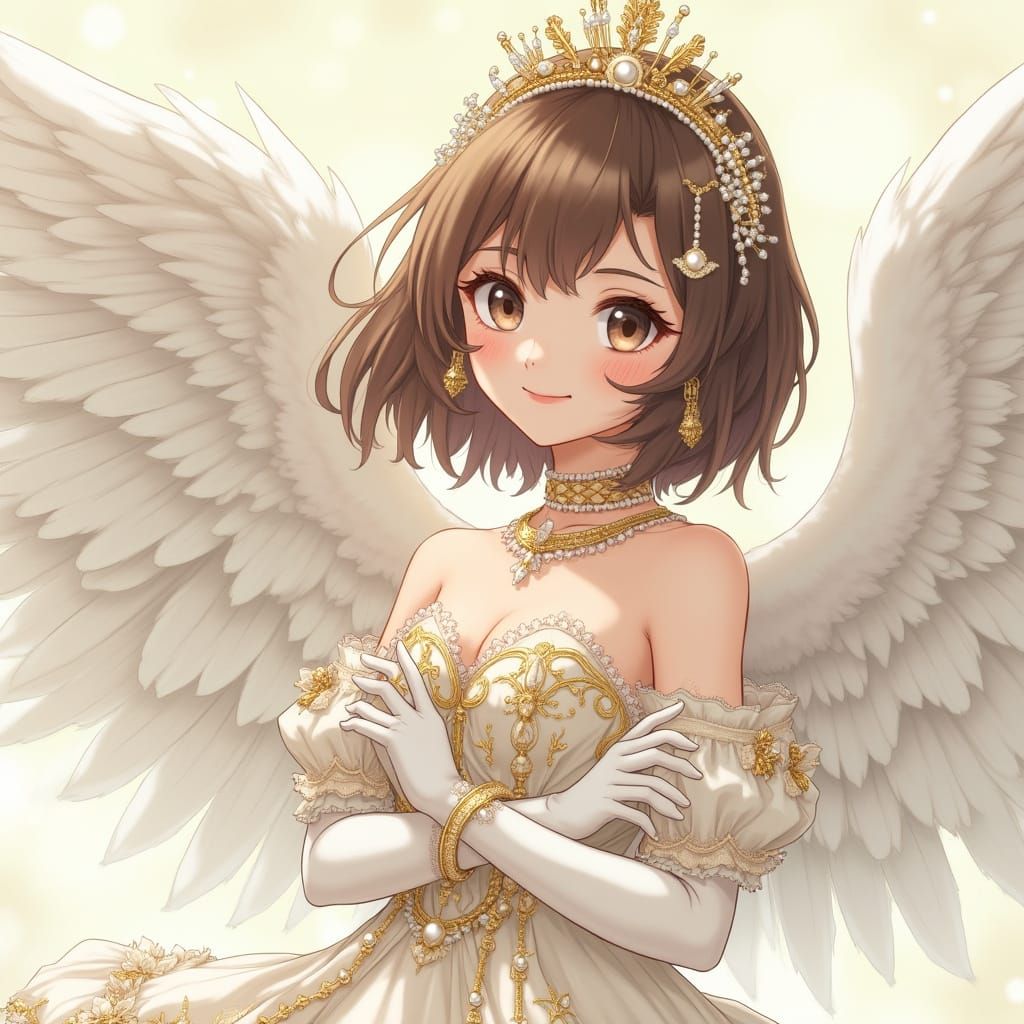 Anime Angel with Feathered Wings in Elaborate Dress