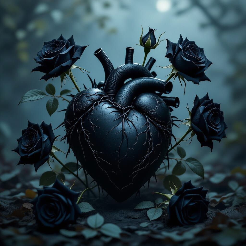 Gothic Heart with Ghostly Aura and Black Roses