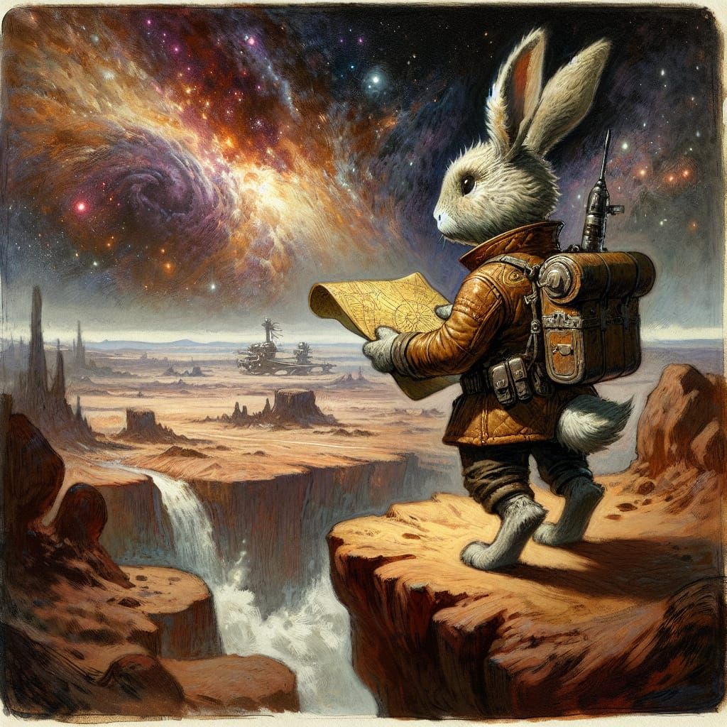 Rabbit Explorer Gazes at Cosmic Desert in Fantasy Art Style