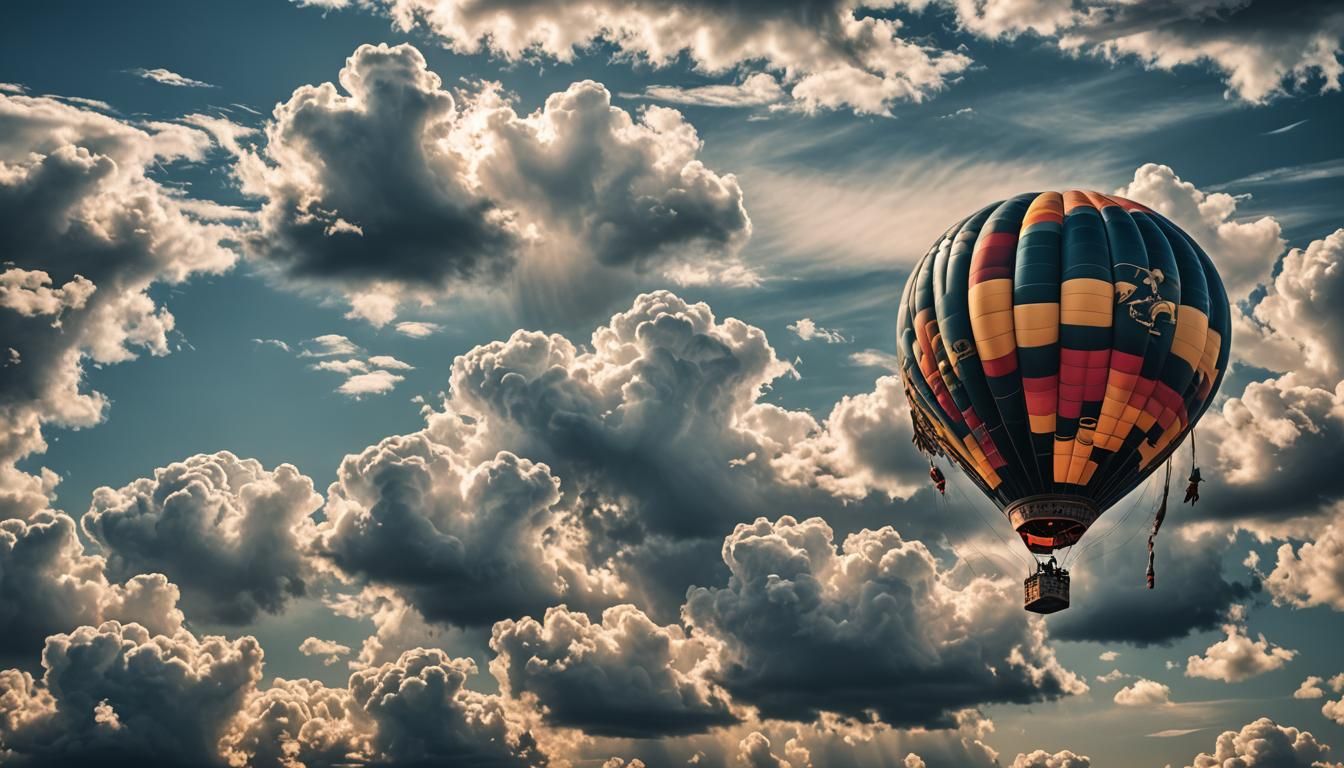 Futuristic Hot Air Balloon Ascends Through Cloudy Sky