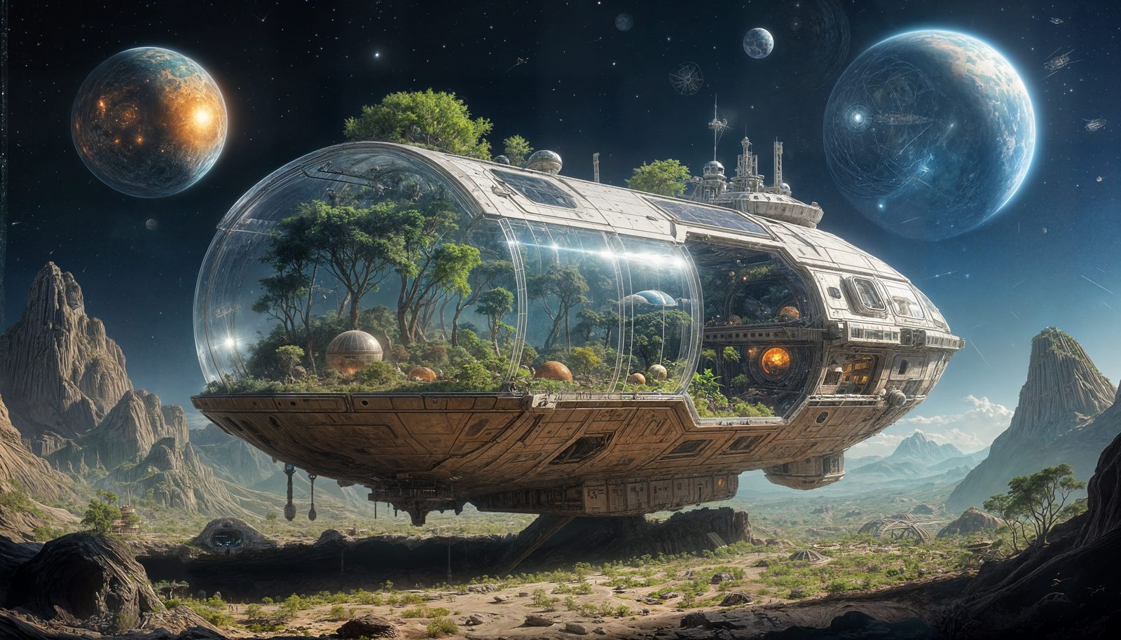 A cavernous hollowed-out transparent solarpunk terrarium ecosystem modular interlocking generation ship spacecraft, astr...