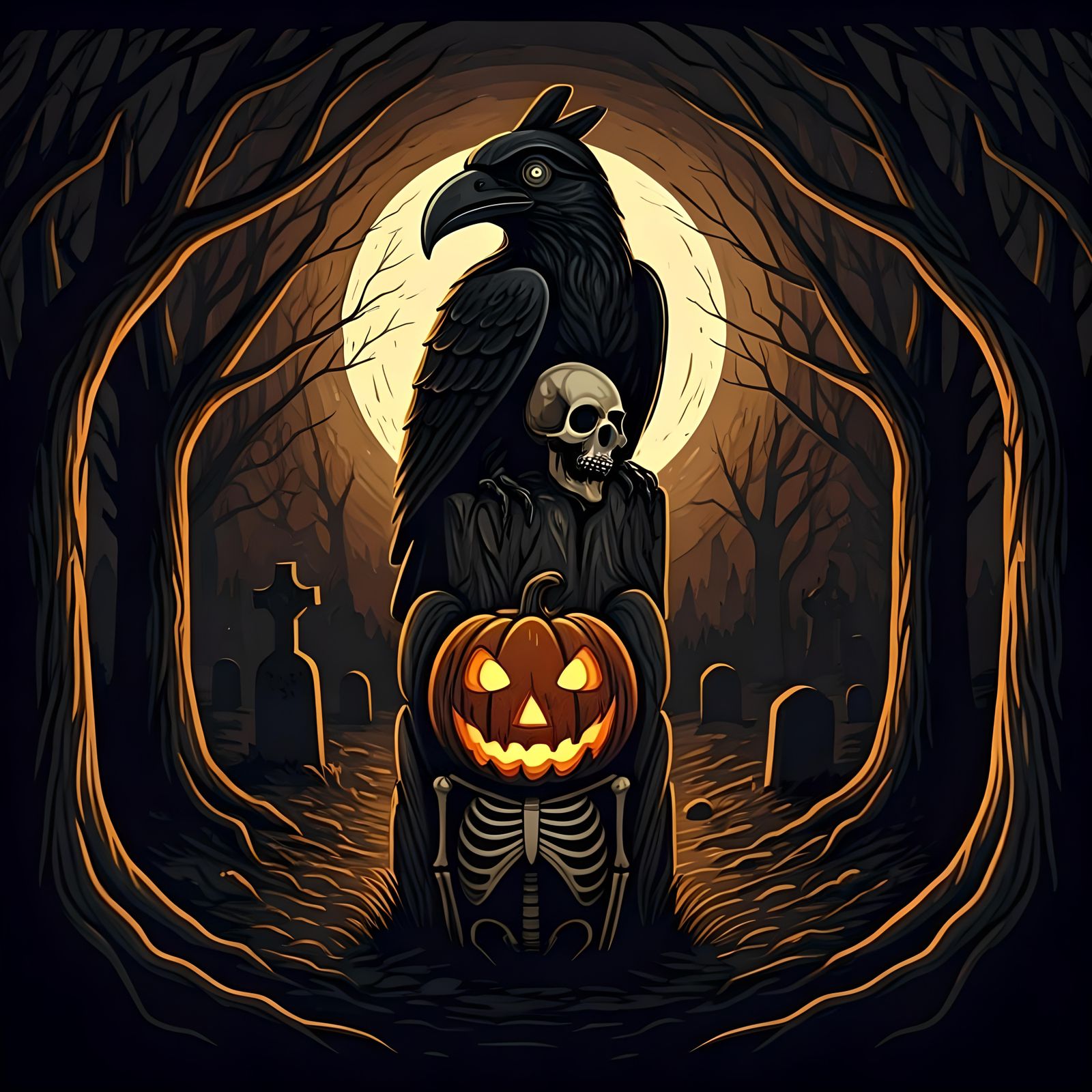 Eerie Halloween Totem Woodcut Print