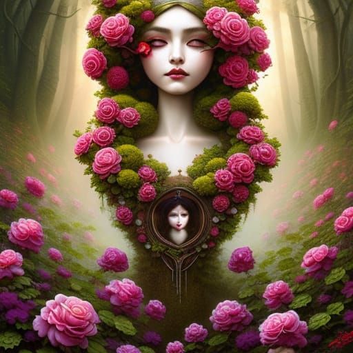 Enchanted Oak Tree with Roses, Digital Art