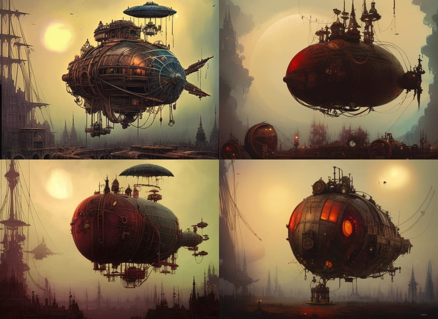 Steampunk Airships in Red Sky Watercolor