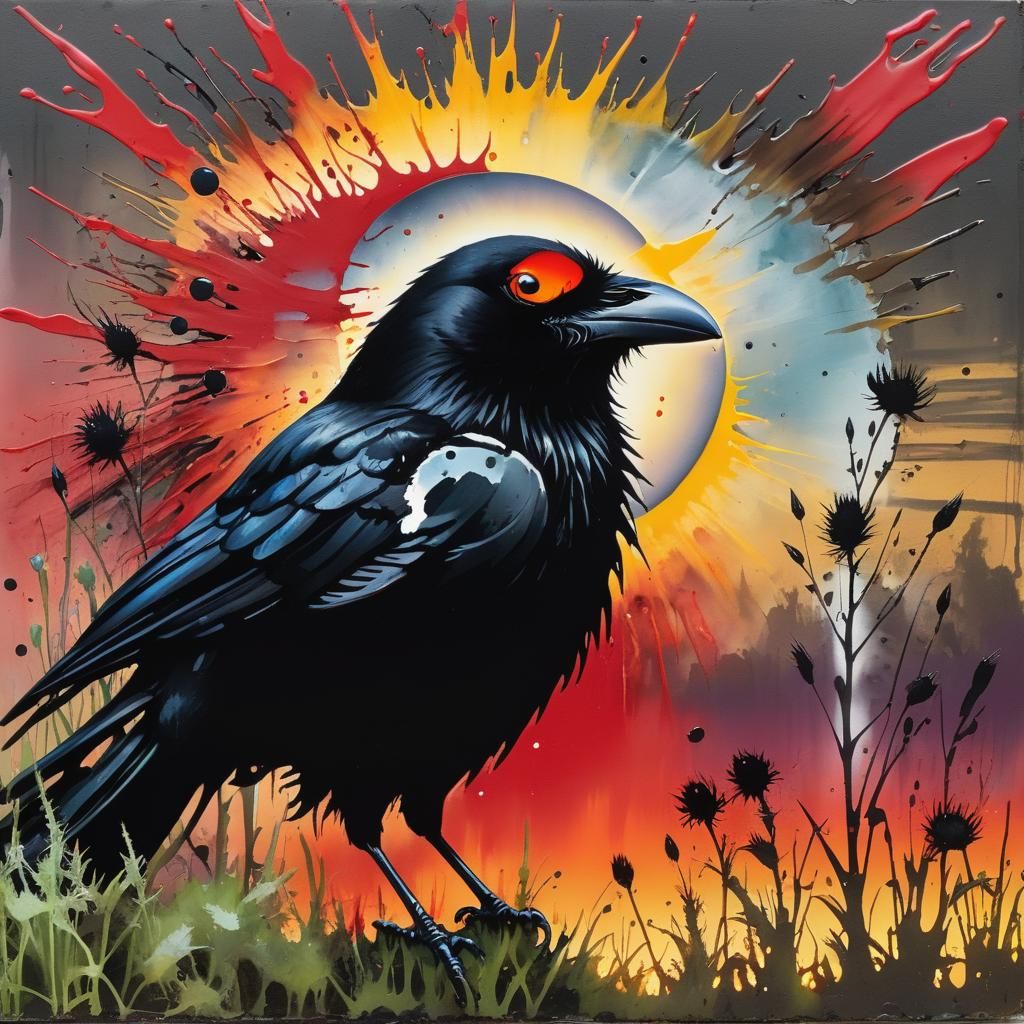 Crow in Splash Ink Style with Solar Eclipse