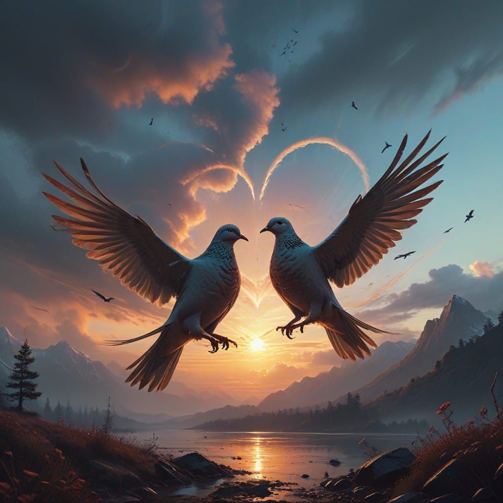 Doves in Heart-Shaped Formation Against Sunset Sky