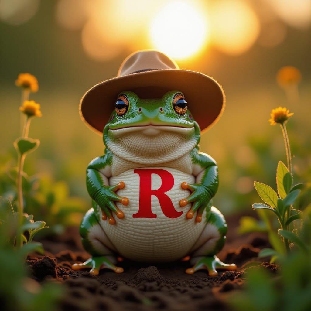 Anthropomorphic Frog With Red R and Backward Cap in Garden