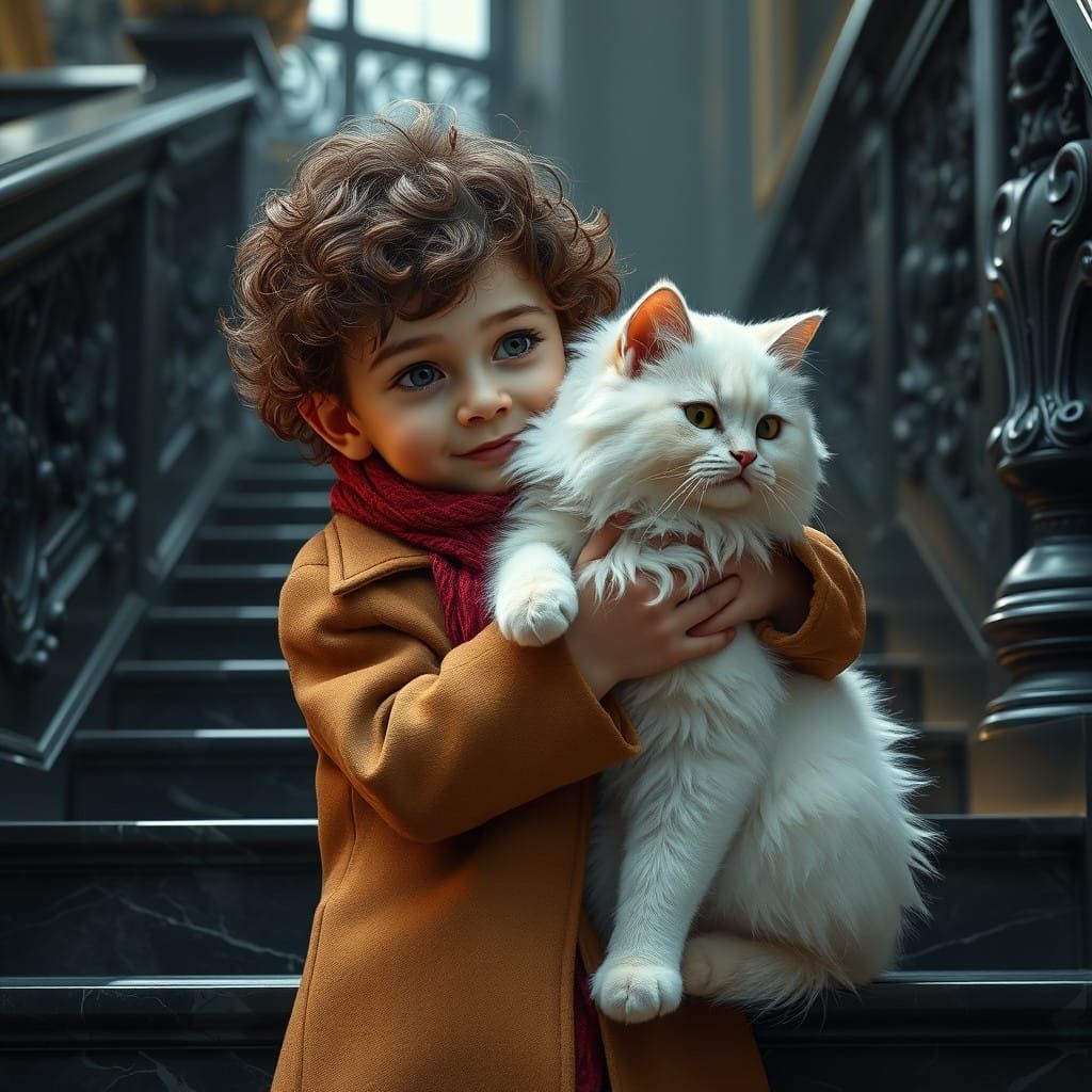 Child Embracing Majestic Cat on Grand Black Staircase in War...
