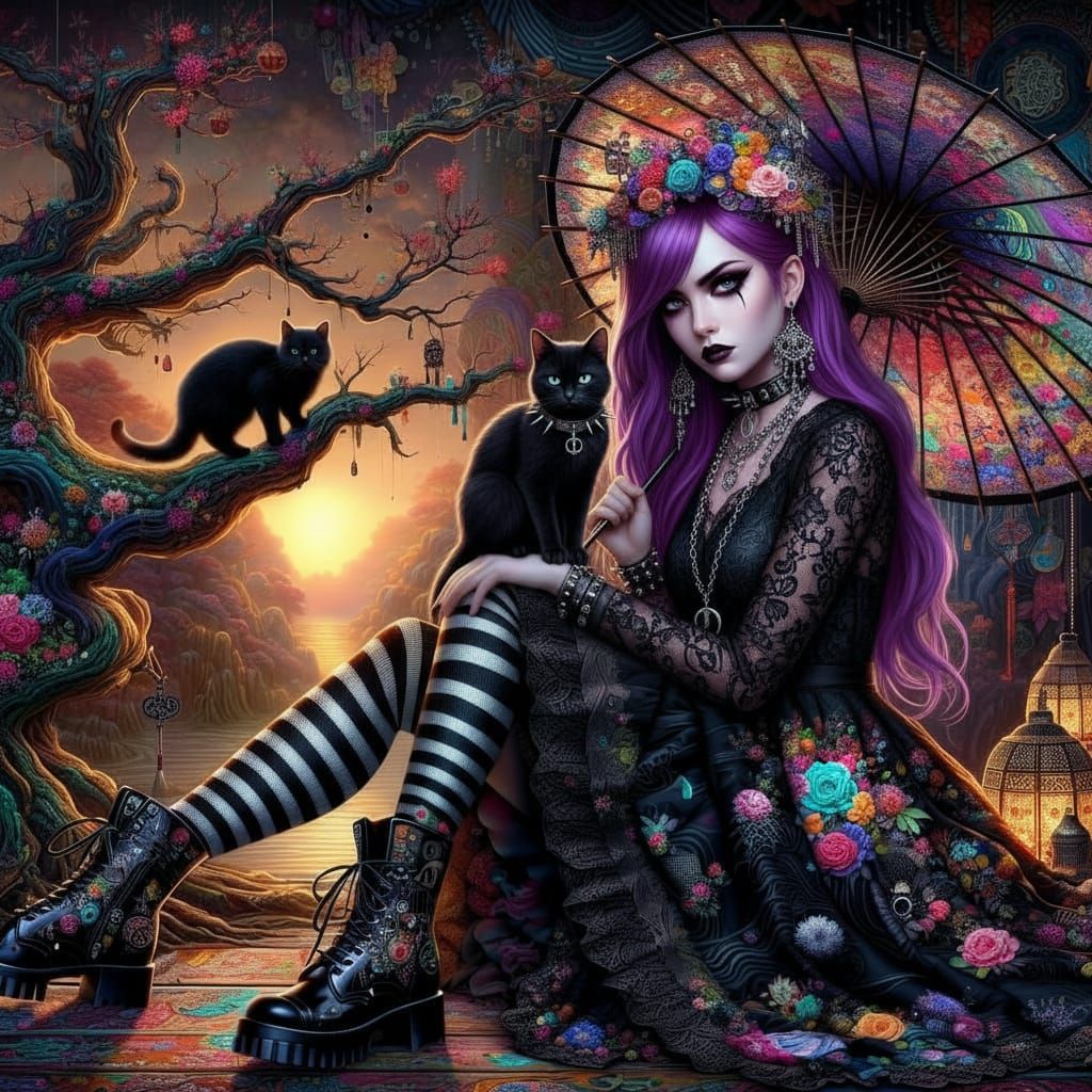 Vibrant Gothic Girl with Floral Umbrella