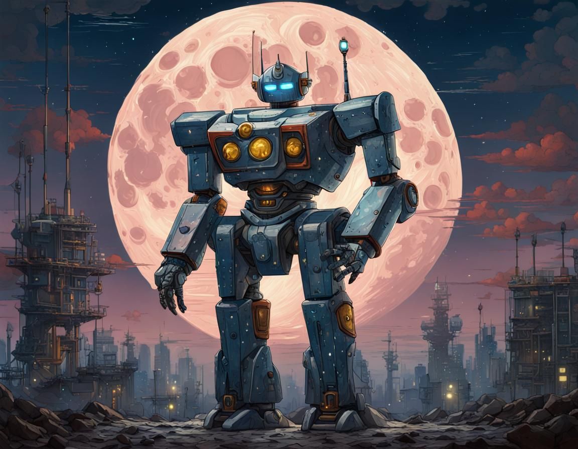 Giant Robot Under Full Moon, Detailed Digital Painting