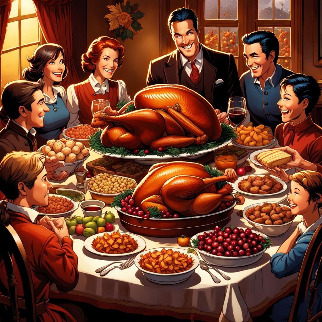 Thanksgiving Feast with Friends in Comic Book Style