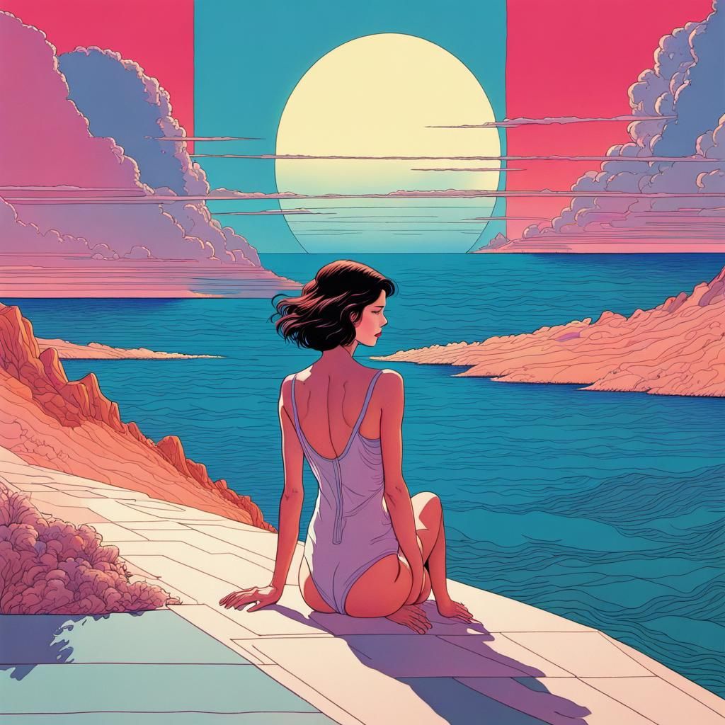 Ocean Landscape Graphic Novel in Vaporwave Style
