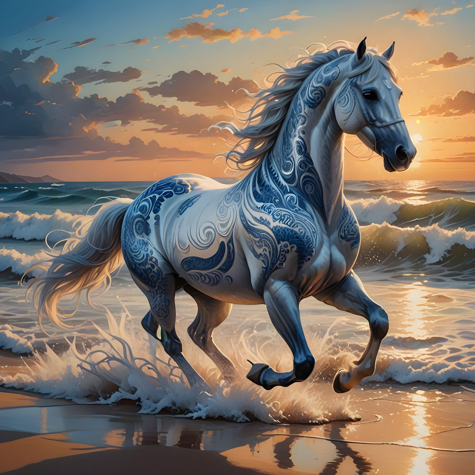 White Horse Galloping Through Ocean Waves in Fantasy Style