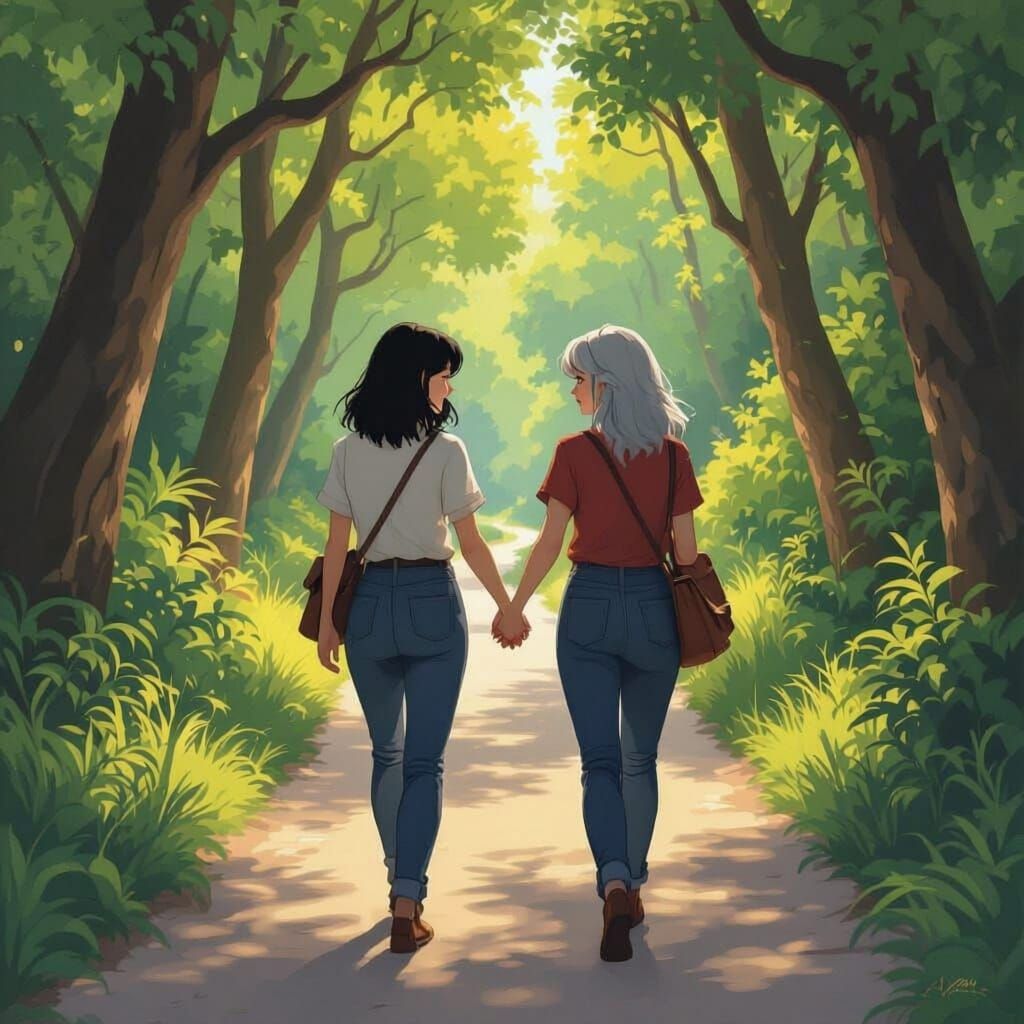 Two Women Walking Hand-in-Hand into Florida Woods