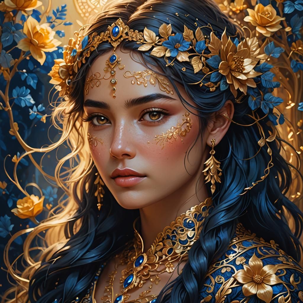 Beautiful Woman Portrait with Flowers, Acrylic Painting