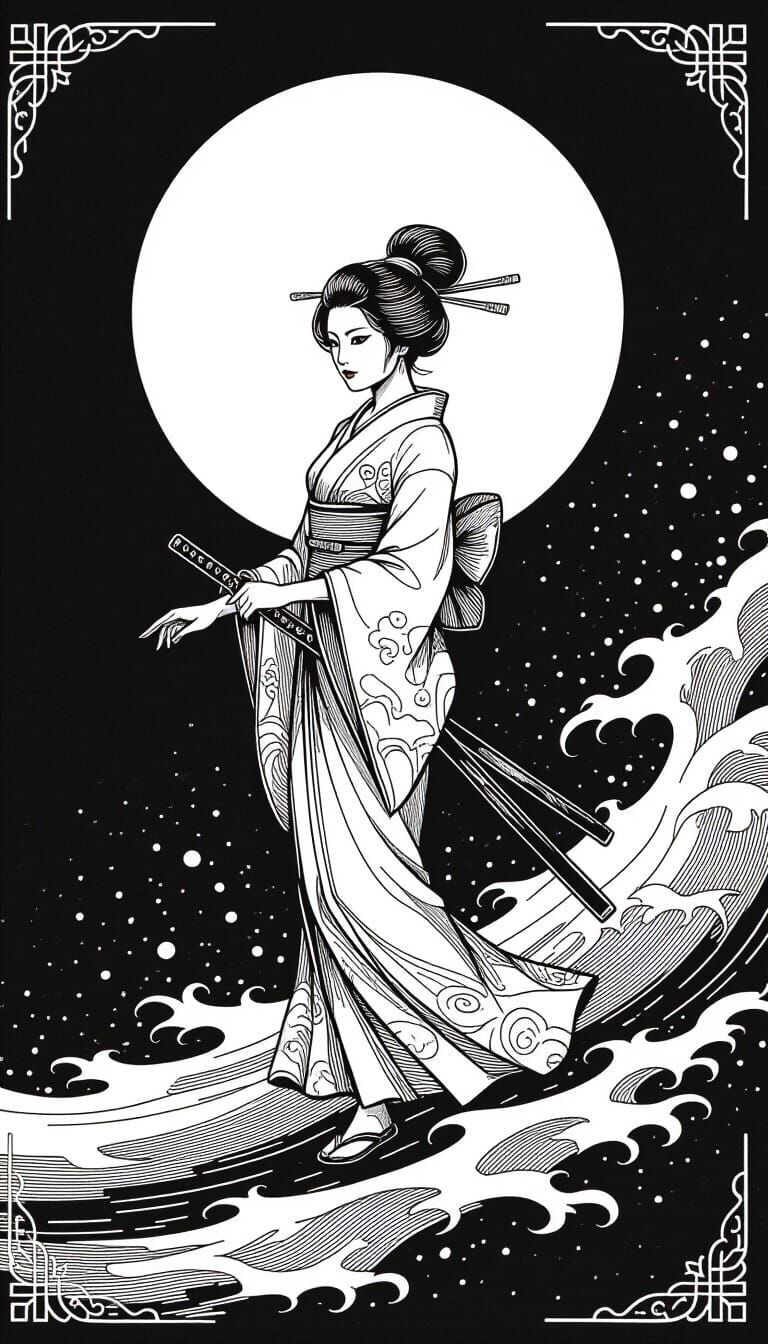 Minimalist Pencil Sketch of a Warrior Woman on Moonlit Waves