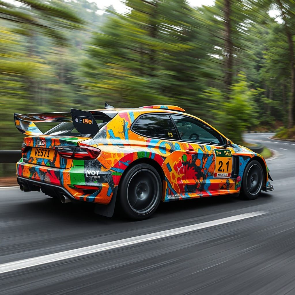 Rally car wrapped in "painting" artwork
