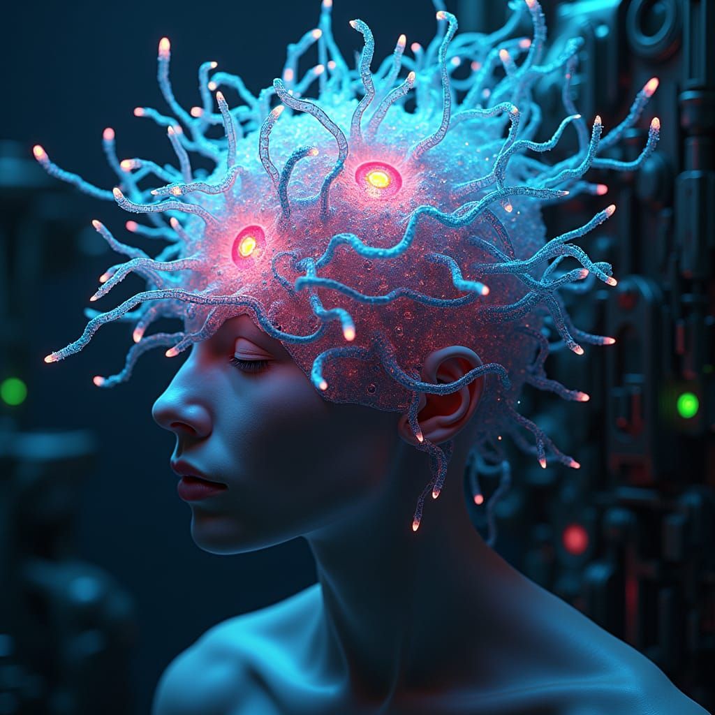 Bioluminescent Biomechanical Brain in Futuristic Dystopia
