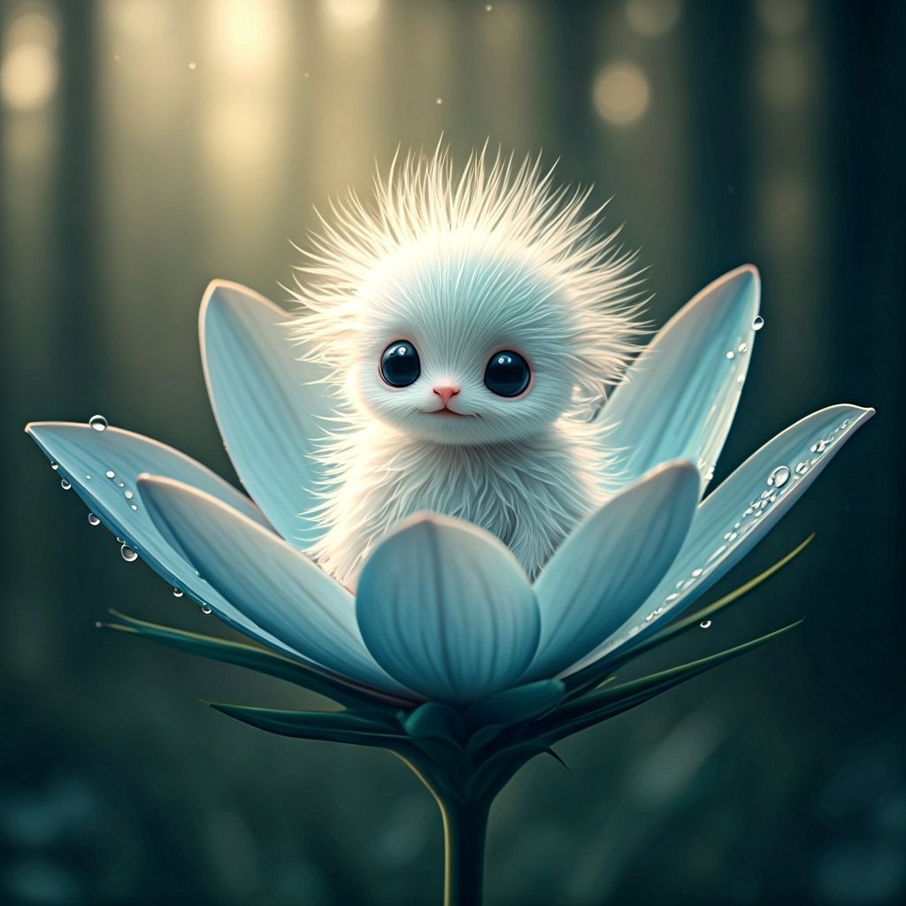 Ethereal Creature in Glass-Like Flower with Dewdrops