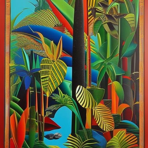 Vibrant Jungle Scene: Surrealist Murano Glass Art