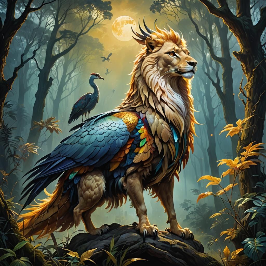 Crane Griffin in Misty Moonlight: Oil Painting