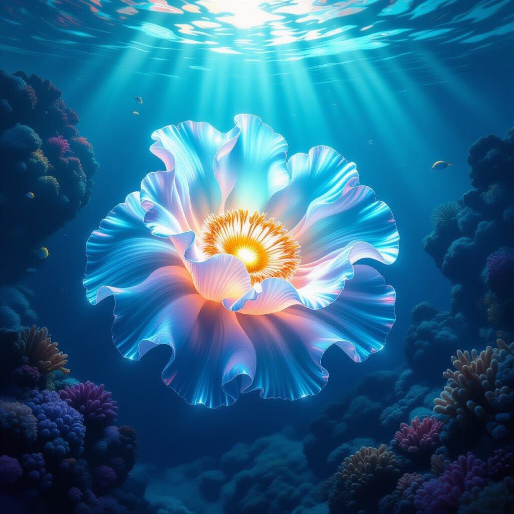 Bioluminescent Anemone in Underwater Grotto, Digital Paintin...