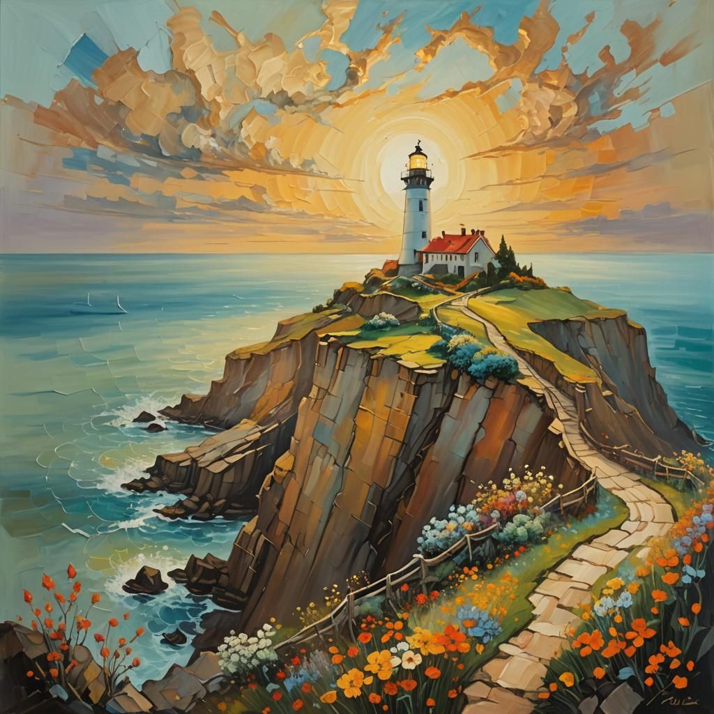 Surreal Lighthouse on Flowering Cliff as Oil Painting