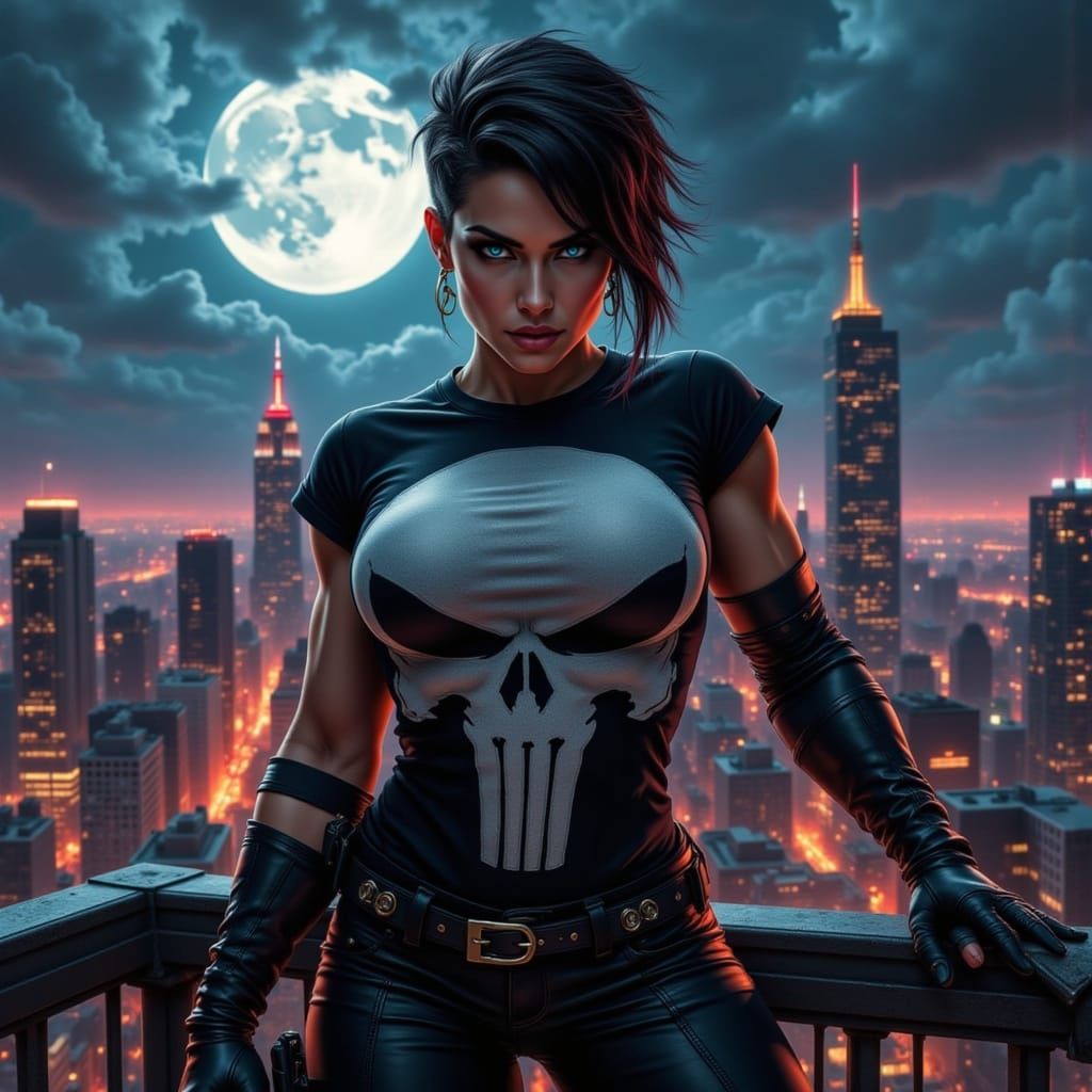 Female Punisher: Gritty Pin-Up on Rooftop Lookout