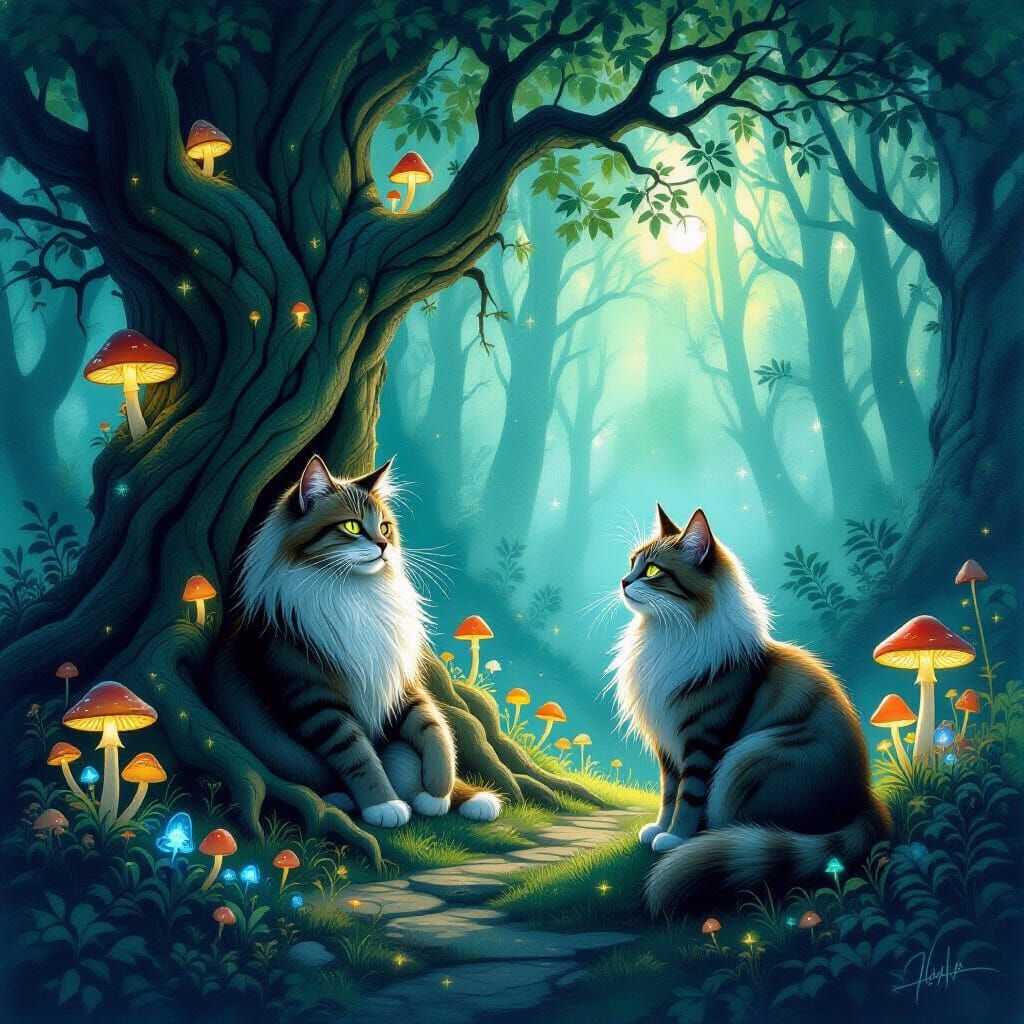 Enchanted Forest Cat Beside Ancient Tree in Magical Glow