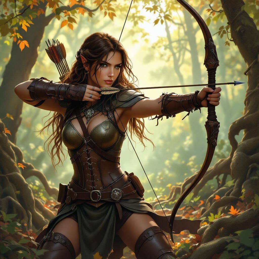 Alluring Forest Huntress with Bow in Sunlight