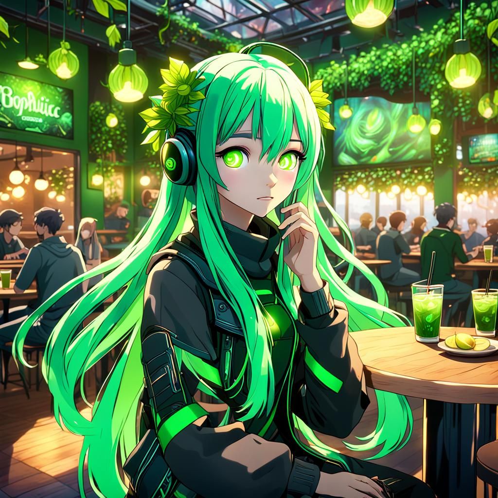 Anime Girl Listening to Music in Biophilic Cafe