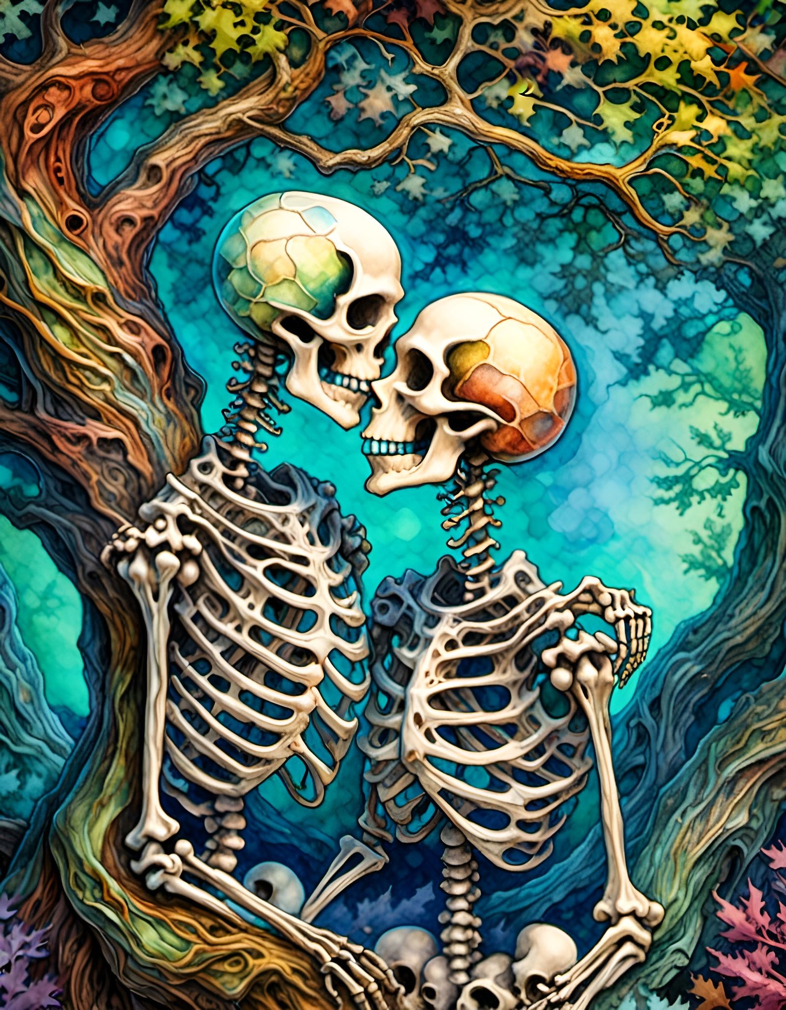 Skeletons Kissing in Whimsical Anime Illustration